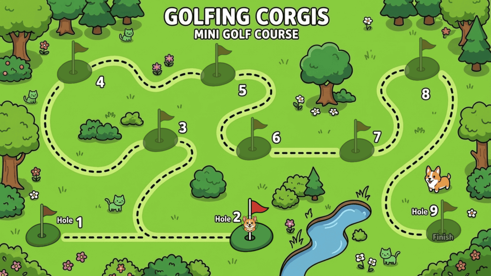 Golfing Corgis gameplay screenshot — 9-Hole Course Map