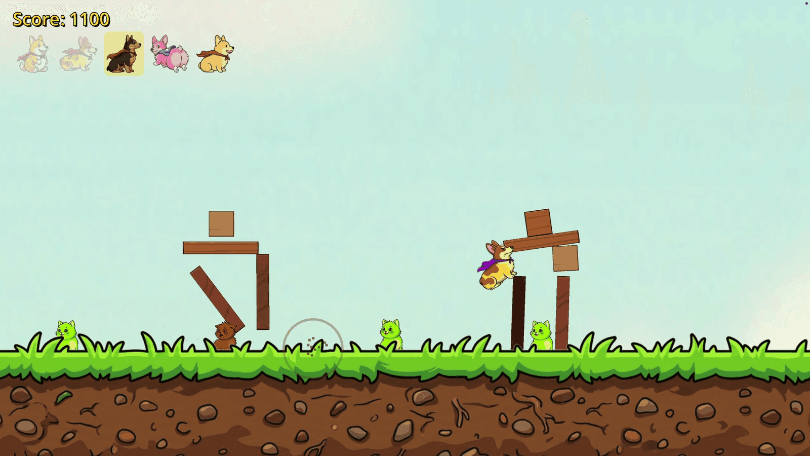 Golfing Corgis gameplay screenshot — Blocks Flying!